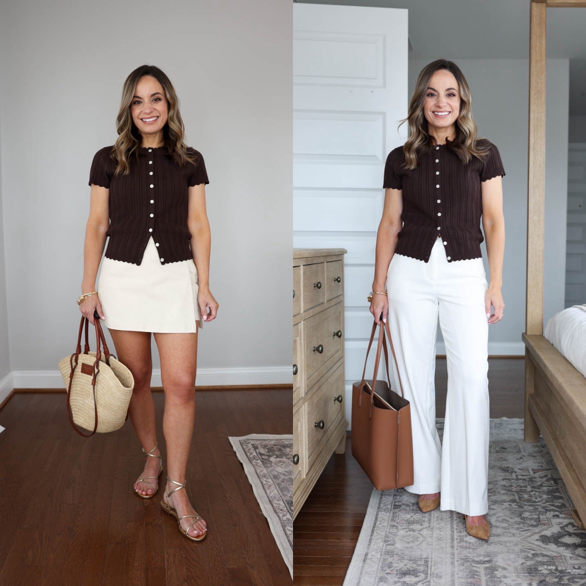 The short sleeve jackie cardigan from J.Crew has a great fit and is cute worn casually and to work! I sized up and it’s a great fit! 

Cardigan: xs 
Skort: 00 
Pants: petite 00