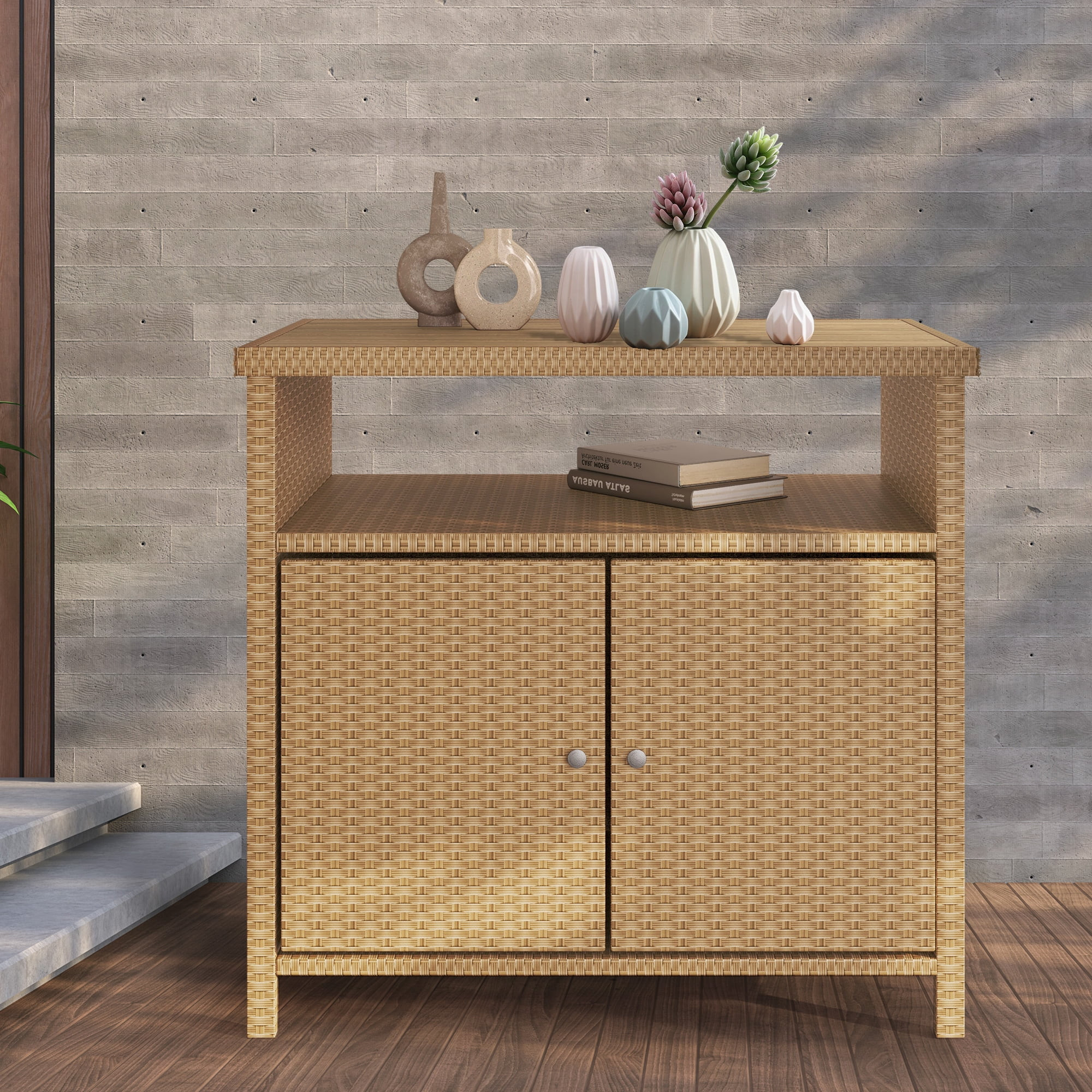 GRANDPATIO Outdoor Storage Cabinet with Double Doors & Shelves, All-weather wicker and Walnut Gra... | Walmart (US)