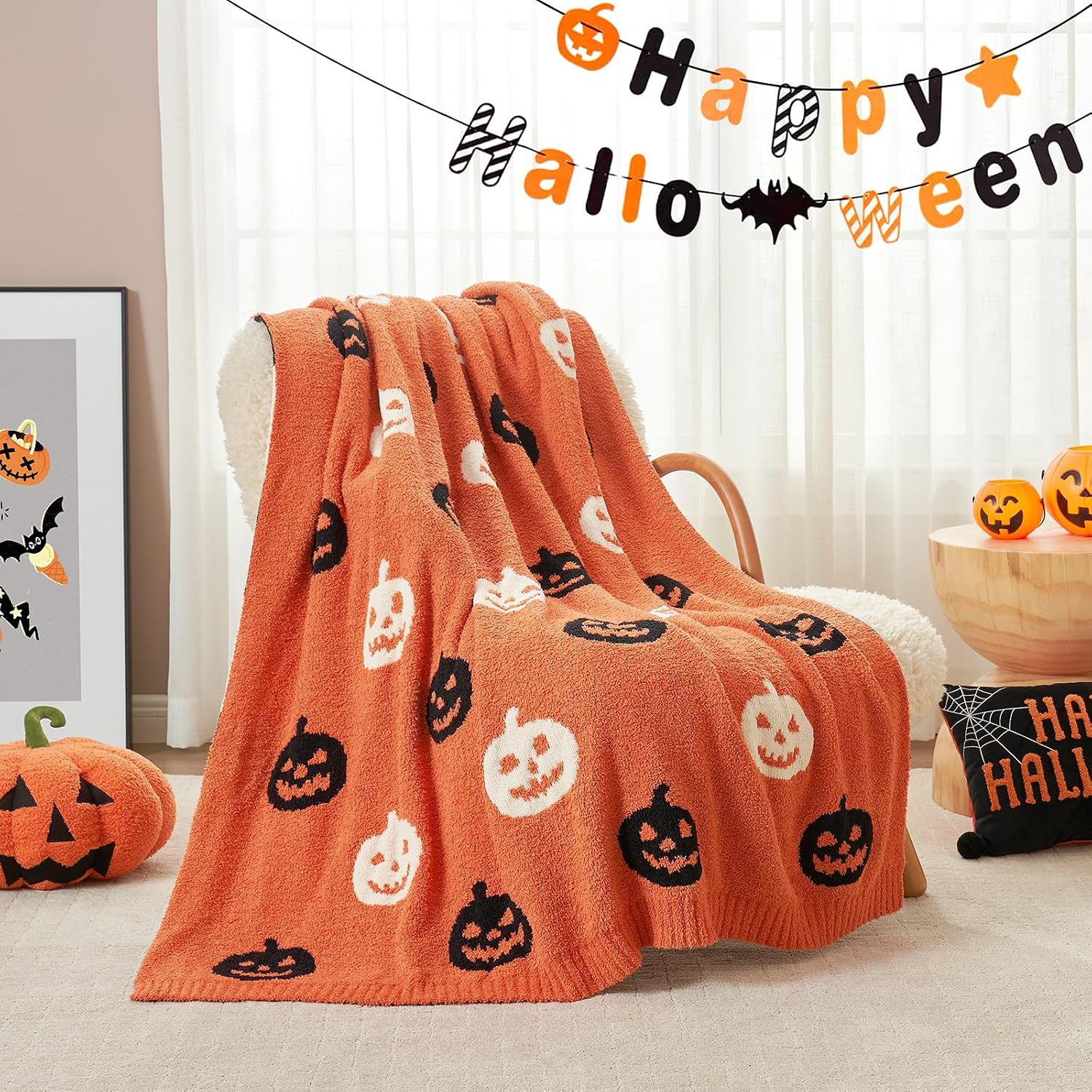 Snuggle Sac Halloween Throw Blanket Orange Pumpkin Blanket, Black Striped Halloween Throw Blanket for Couch 50x60 inches, Ultra Soft Decorative Striped Pumpkin Blanket | Amazon (US)