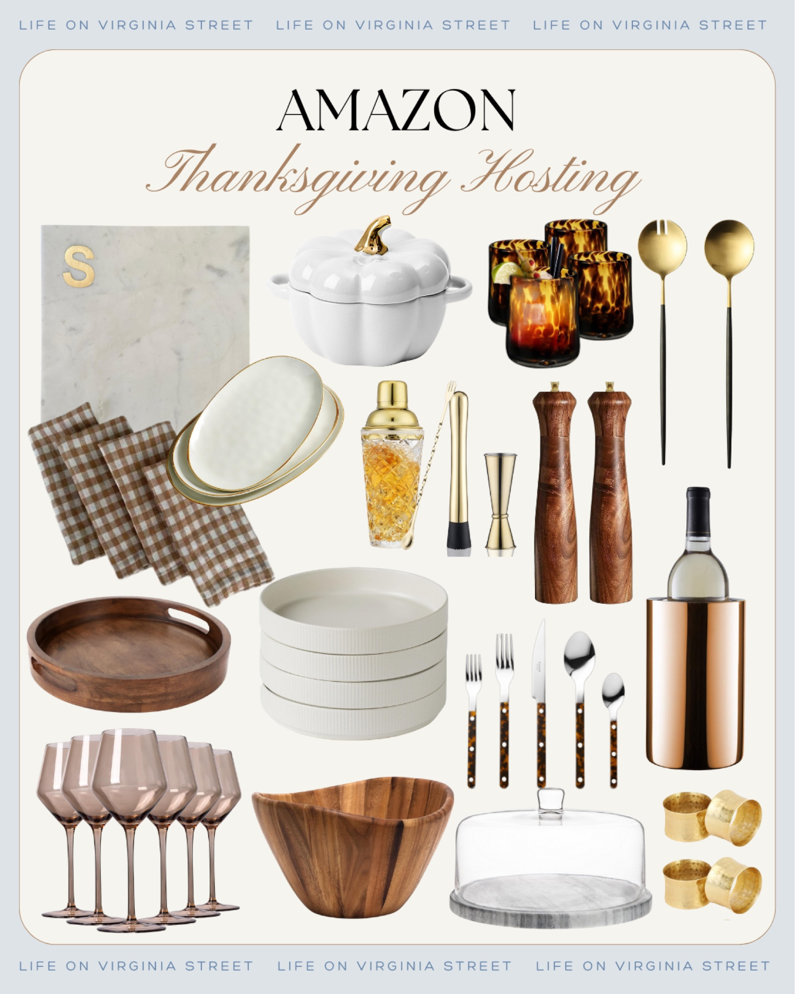 I'm loving all of these beautiful finds for hosting the perfect Thanksgiving dinner! They would also make great gifts for the hostess in your life. Includes a monogrammed marble serving board, pumpkin dutch oven, tortoise glasses, wood salt and pepper mills, wine bottle chiller, tortoise flatware, marble cheese plate and glass dome, brown wine glasses, hammered gold napking rings, and brown gingham napkins. #ltkseasonal #ltkhome #ltkholiday #ltkgiftguide #ltkfindsunder50 #ltkfindsunder100 #ltkstyletip #ltkover40 #ltksalealert 

 

#LTKSeasonal #LTKHome #LTKFindsUnder50