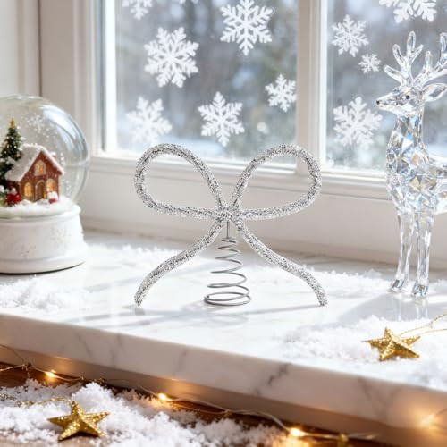 8Inch Large Christmas Metal Bow Tree Topper Ornaments, Gold Glass Rhinestone Bow Tree Topper, Rustic Xmas Holiday Tree Top Decoration for Indoor Outdoor Home Party, Christmas Decorations (Silver) | Amazon (US)