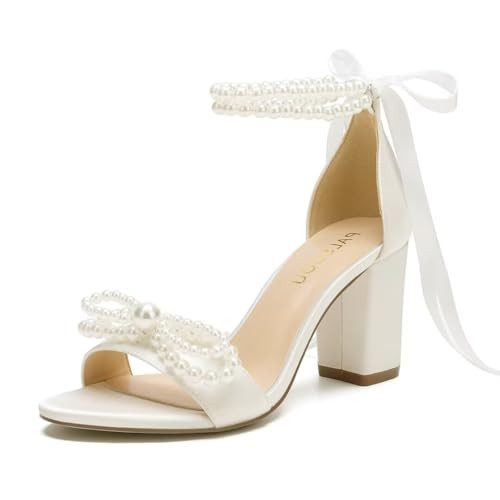 PALSCOU High Block Heel Wedding Sandals Pearl Heels with bow Open Toe Wedding Shoes for Bride-Ivory-8.5 | Amazon (US)