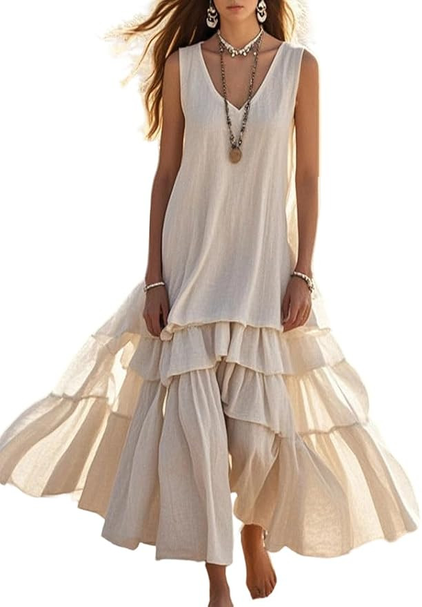 Women's Boho Linen-Blend Color Block Tiered Maxi Dress Sleeveless V-Neck Ruffled Spring Summer De... | Amazon (US)