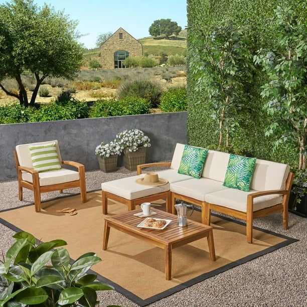 Wilcox Outdoor 6 Piece Acacia Wood Sectional Sofa Set with Cushions, Teak, Beige | Walmart (US)