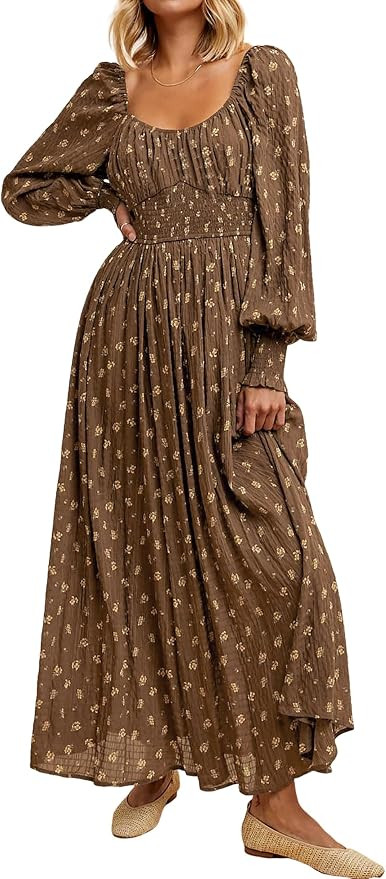R.Vivimos 2026 Puff Long Sleeve Chiffon Maxi Dress for Women Square Neck Elastic Empire Waist Flo... | Amazon (US)
