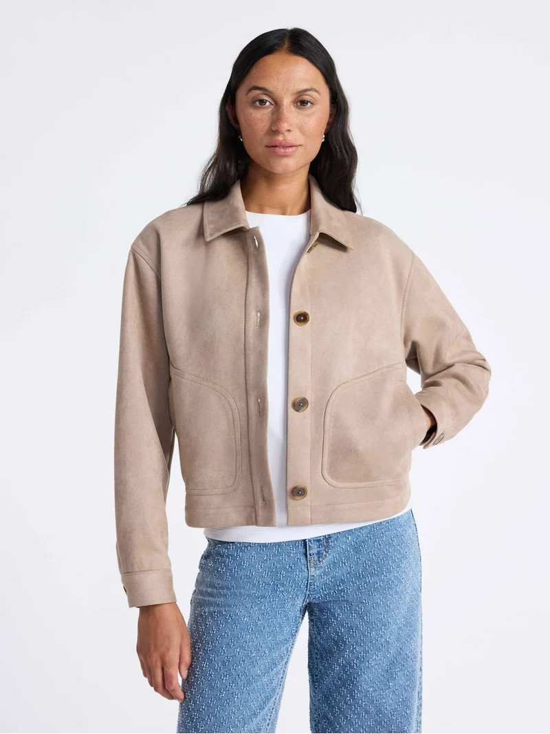 Time and Tru Women's Faux Suede Button Front Jacket, Sizes XS-XXXL | Walmart (US)