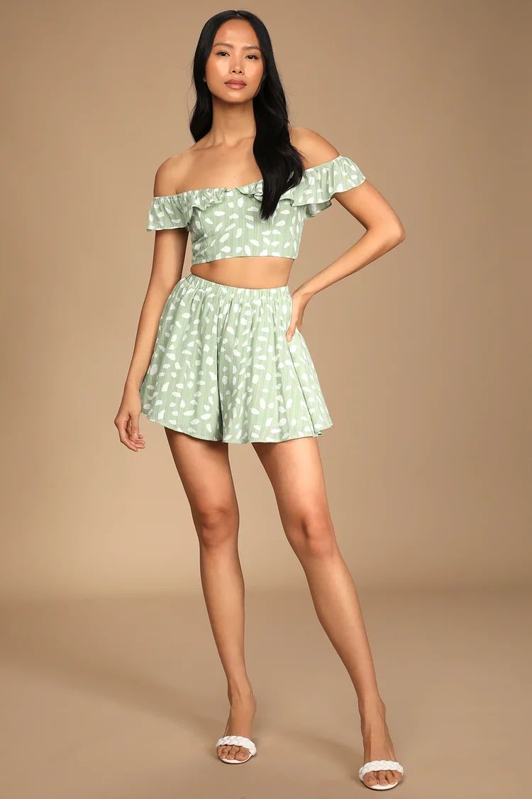 Spring to It Sage Green Dotted Off-the-Shoulder Two-Piece Romper | Lulus (US)