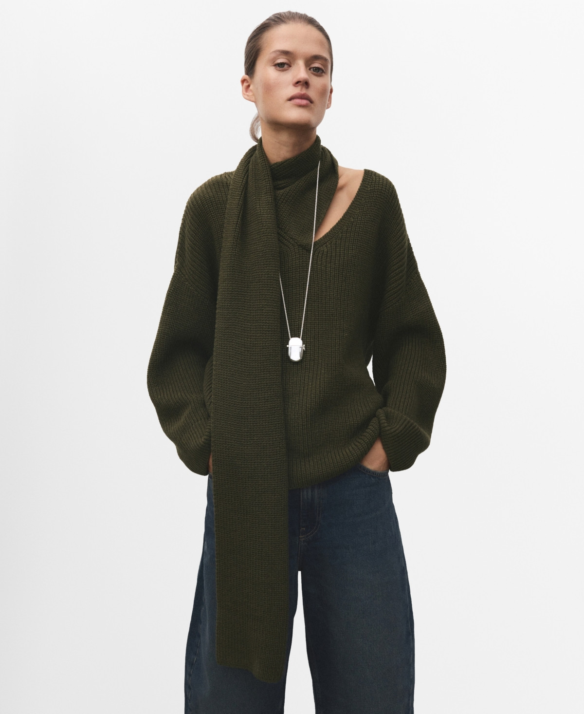 Mango Women's Knitted Scarf Sweater - Green | Macy's