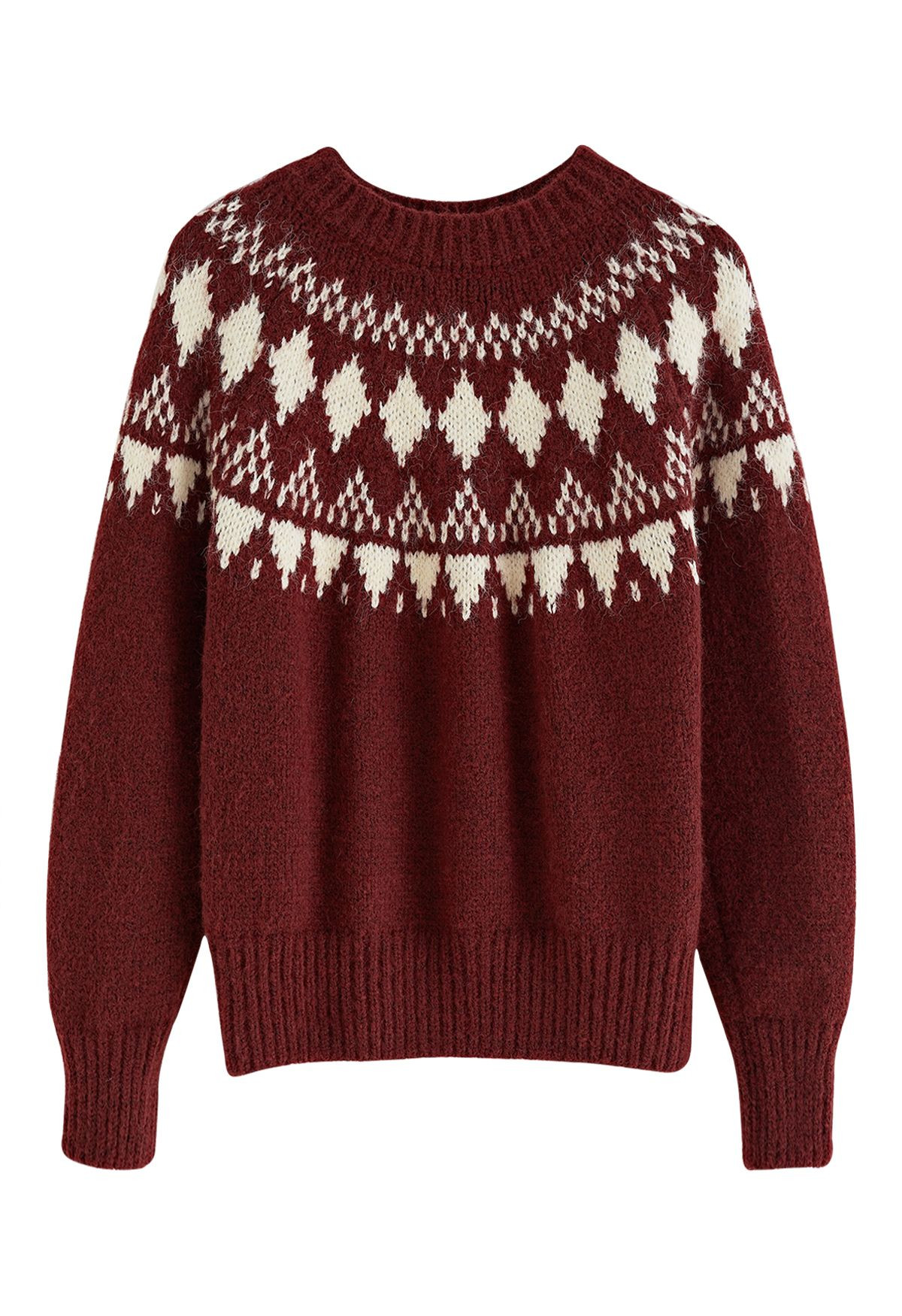 Fair Isle Jacquard Chunky Knit Sweater in Burgundy | Chicwish