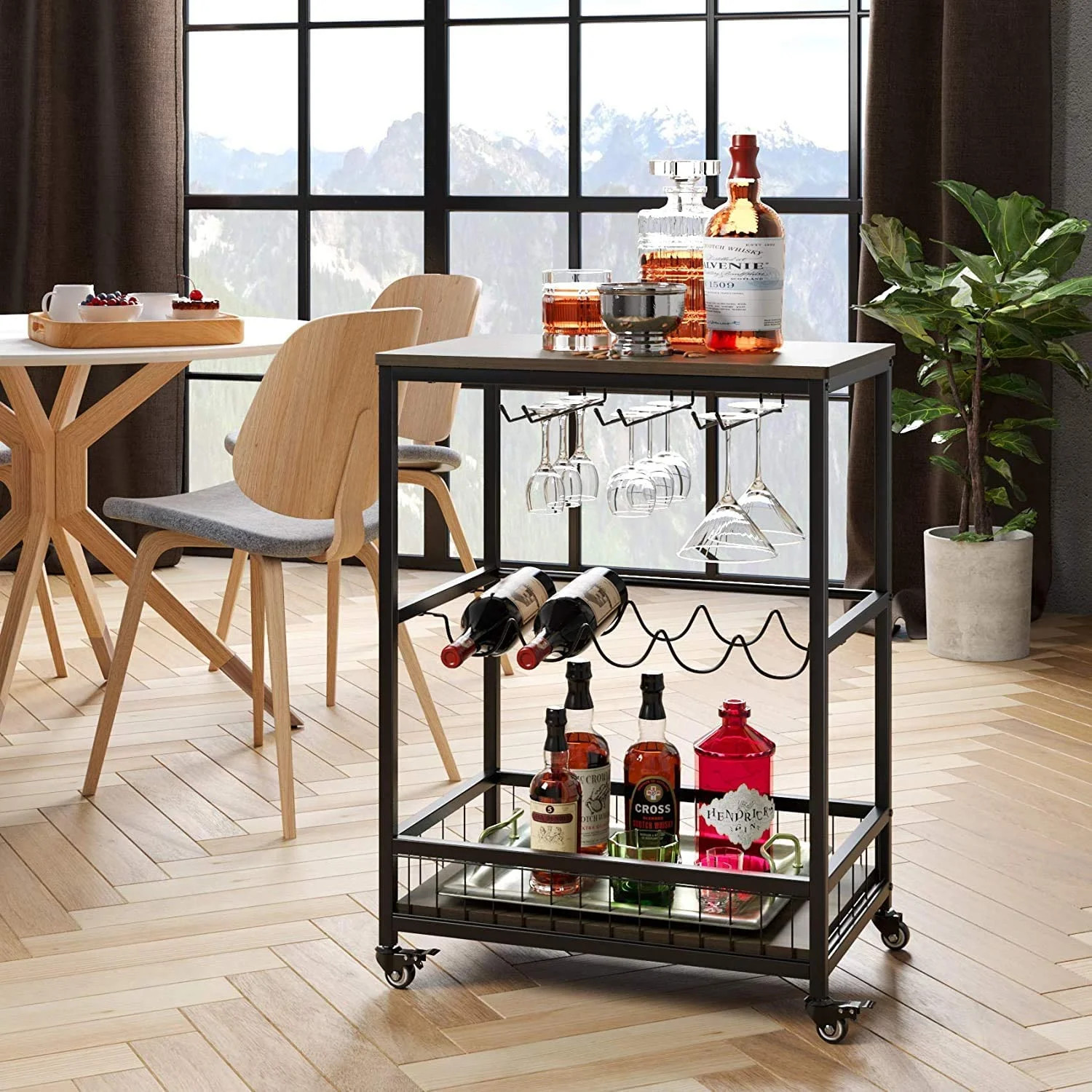 Homfa Bar Cart Mobile Wine Cart, Wine Rack Bar Table with Glass Holder Kitchen Serving Cart, Dark... | Walmart (US)