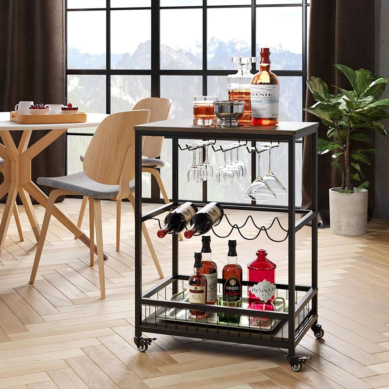 Homfa Bar Cart Mobile Wine Cart, Wine Rack Table with Glass Holder Kitchen Serving Cart, Dark Bro... | Walmart (US)