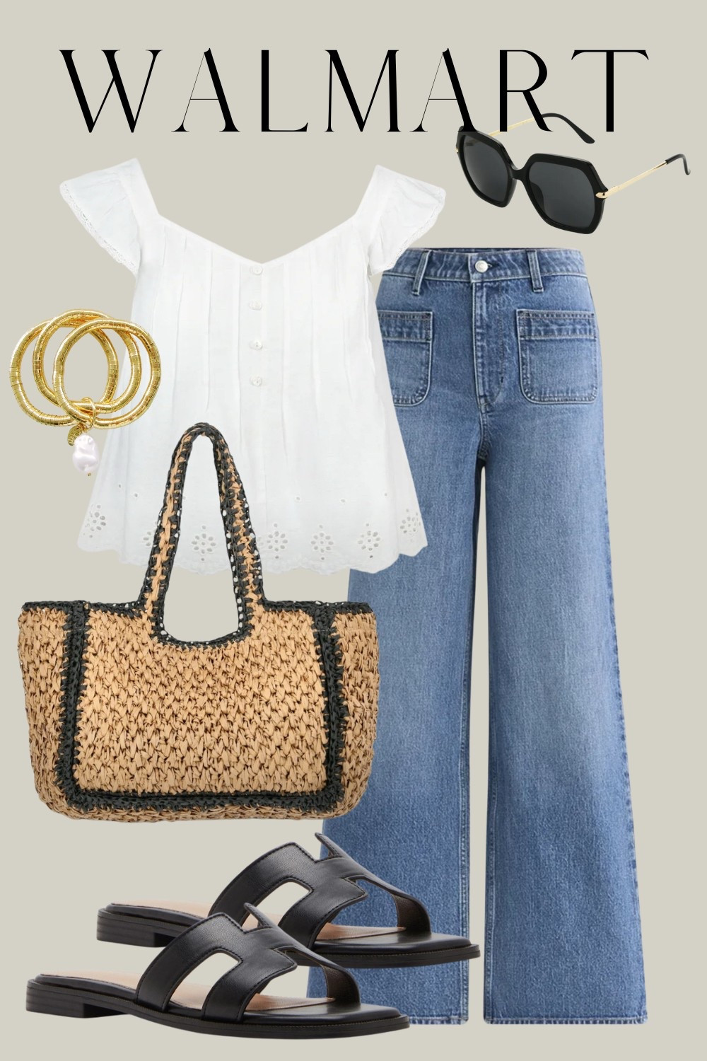 Walmart new arrivals, white tops, look for less jeans, woven tote, beach bag, summer outfit, black sandals 

#LTKStyleTip #LTKSeasonal #LTKFindsUnder50