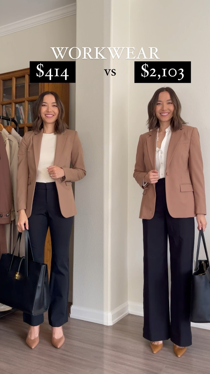 Save versus splurge workwear:

SAVE
Camel blazer - Mango size 2, sold out linked similar
Tee - Cuts xs 
Pants - Old navy 
Heels - naturalizer 
Tote - mango, sold out linked similar 

SPLURGE 

Camel blazer - MMLAFLEUR 00
Silk blouse - Everlane 0
Pants - MMLAFLEUR 
Heels - Manolo Blahnik via the real real 
Tote - Tory Burch (very old) 

business casual / business professional / affordable office outfit 

#LTKunder100 #LTKstyletip #LTKworkwear