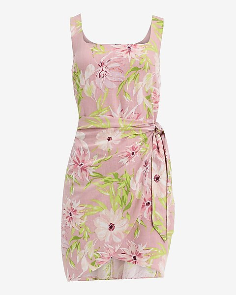 Floral Linen-Blend Scoop Neck Tie Wrap Mini Sheath Dress | Express