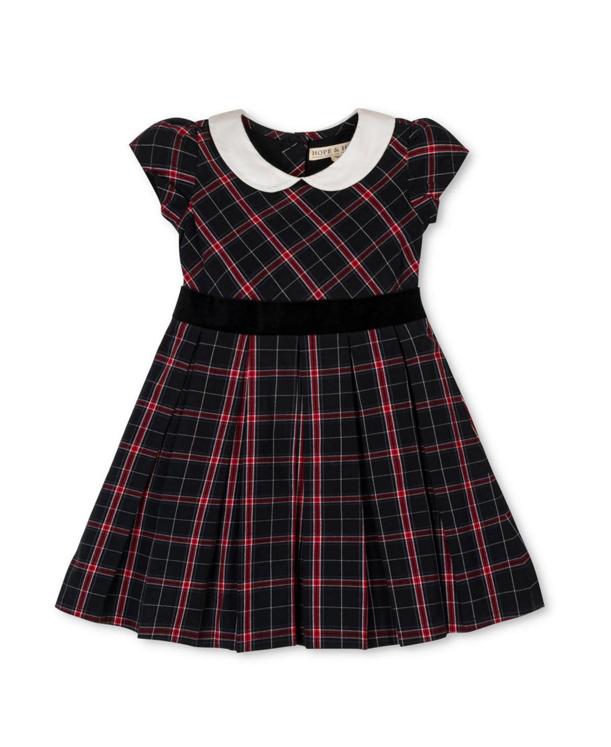 Hope & Henry Little and Big Girls' Organic Stretch Poplin Peter Pan Collar Dress with Velveteen - Black ballet plaid | Macy's