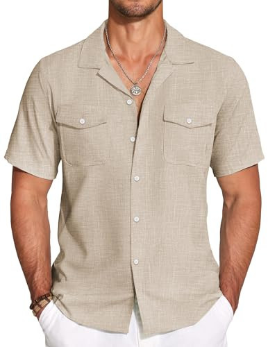 COOFANDY Men's Button Down Short Sleeve Cotton Casual Stylish Dress Shirt Beachwear Wedding Business Slim Fit Tops Shirt Light Brown | Amazon (US)