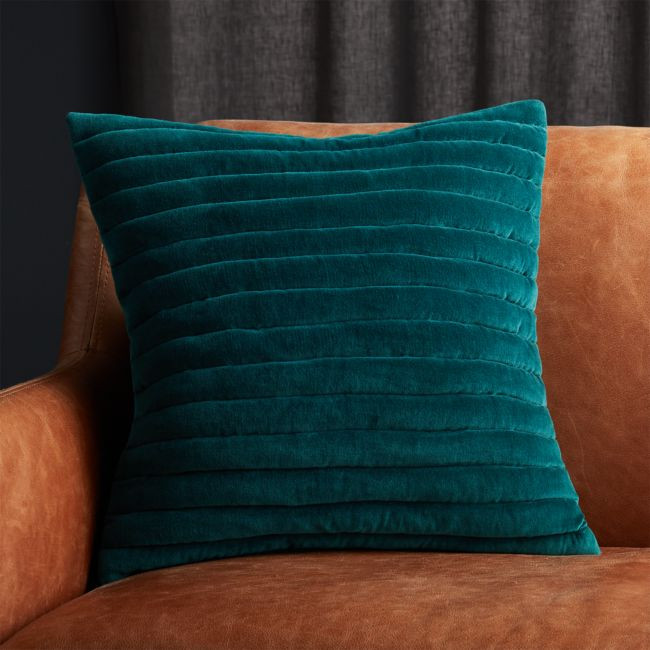 18" Channeled Teal Velvet Pillow with Down-Alternative Insert | CB2