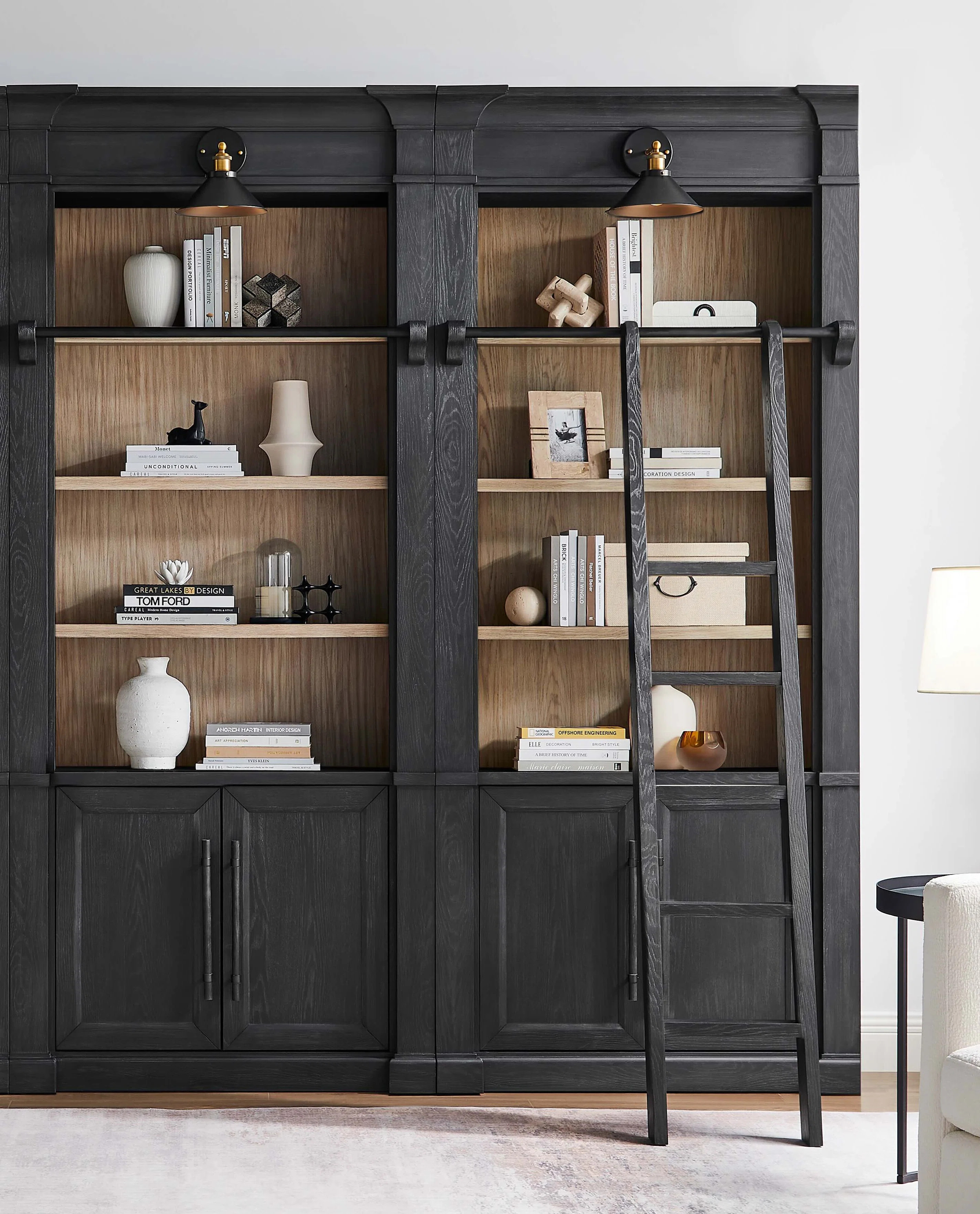 Two 8' Tall Bookcase Wall With Ladder, Storage Organizer, Display Shelf for Office | Wayfair North America