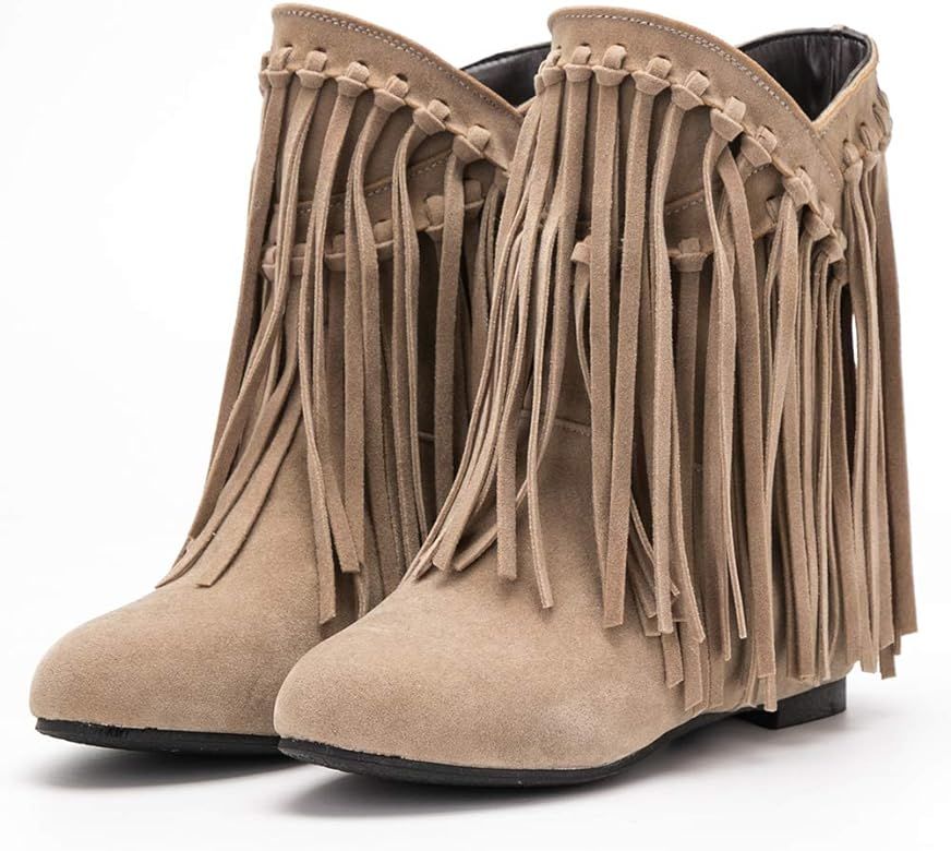 fereshte Women's Tassel Bootie Fringe Hidden Wedge Heel Ankle Boots | Amazon (US)