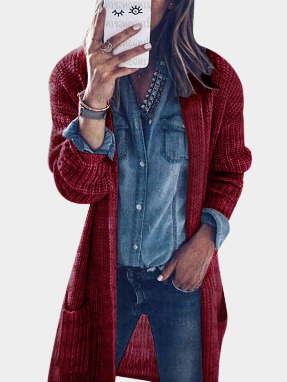 Burgundy Cable Knit Long Sleeves Cardigans | YOINS
