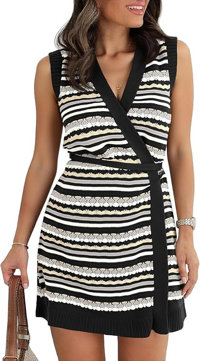 Saodimallsu Womens Wrap V Neck Mini Dress Striped Sleeveless Crochet Knit Tie Waist Beach Boho Co... | Amazon (US)