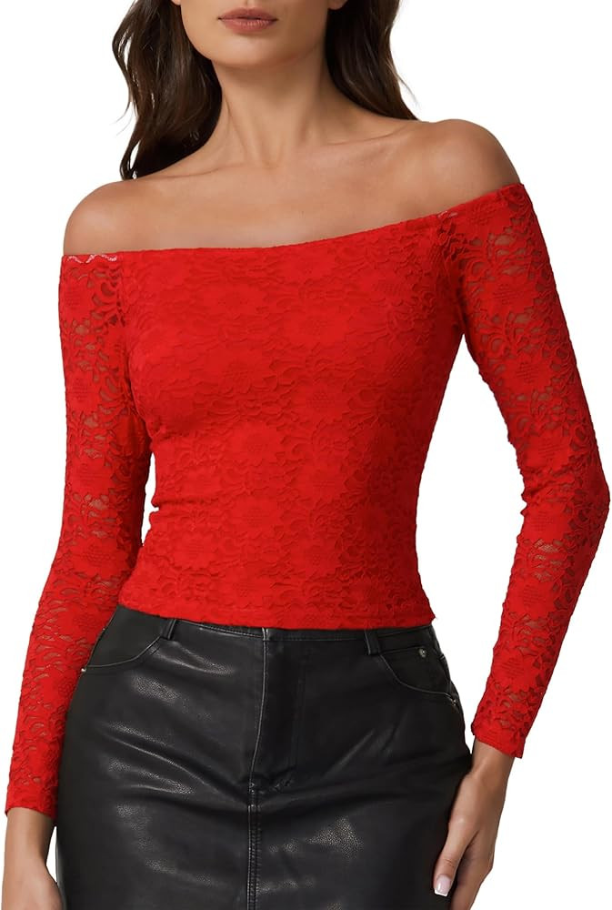 QINSEN Womens Lace Trim Off Shouder Top Long Sleeve Double Lined Y2k Trendy T Shirts | Amazon (US)