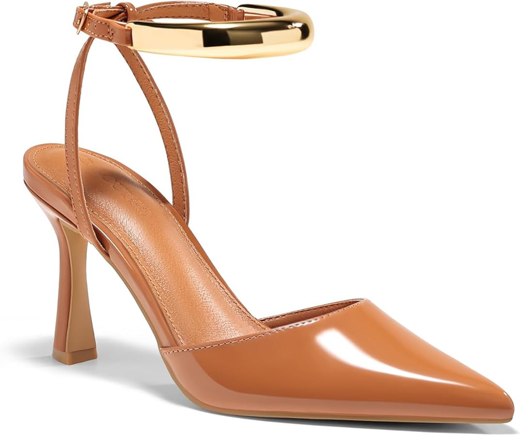 Coutgo Womens Strappy High Heels Closed Pointed Toe Pumps Ankle Strap Metal Party Dress Shoes | Amazon (US)