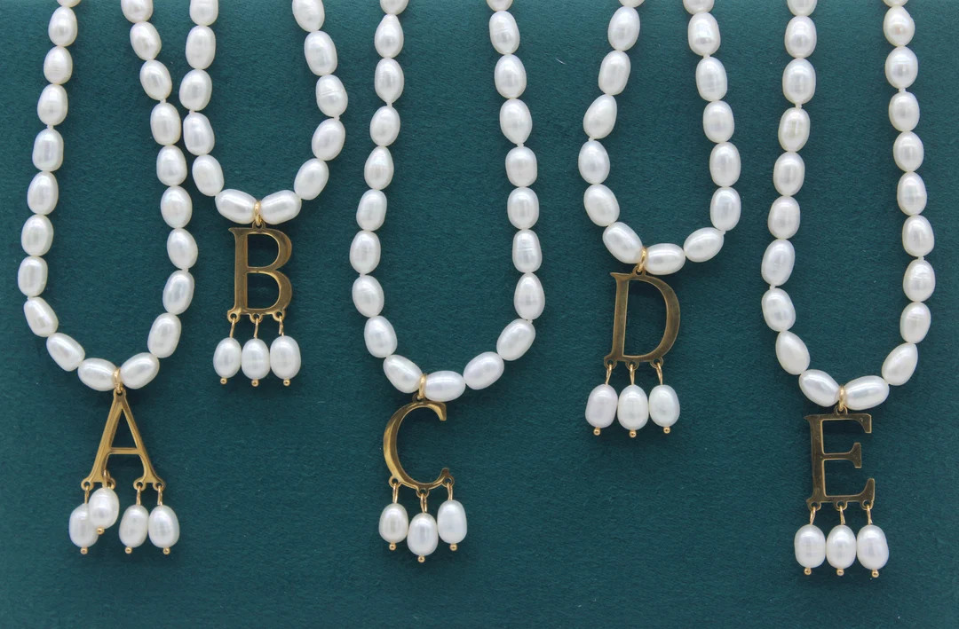 Gold Initial Pearl Necklace,Real Pearl Bead Necklace,Letter Necklace,White Baroque Pearl Choker W... | Etsy (US)