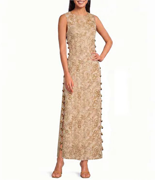 Sugarlips Vieta Hazley Floral Printed Round Neck Sleeveless Cut Out Linen Maxi Dress - S | Dillard's