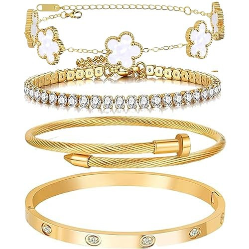 Lamdo 18K Gold Plated Womens Stackable Floral Gold Clover Bracelets Set Love Bangle Bracelets Non Tarnish, Gold Bracelet Set Trendy Jewelry,Gifts for Women's Day and Mother's Day (White, One Size) | Amazon (US)