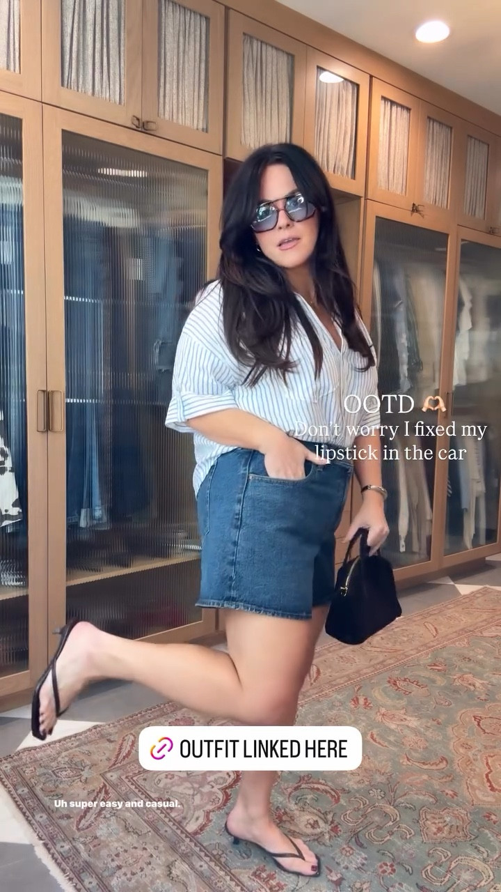 Casual summer midsize outfit Denim shorts sized up to a 33 for a loose fit Linen shorts sleeveless blouse xl Amazon sunnies and earrings