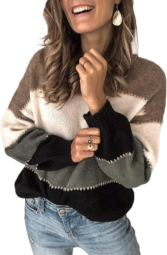 JUNBOON Women's Striped Sweaters Casual Long Sleeve Crewneck Color Block Pullover Knit Jumper Top... | Amazon (US)