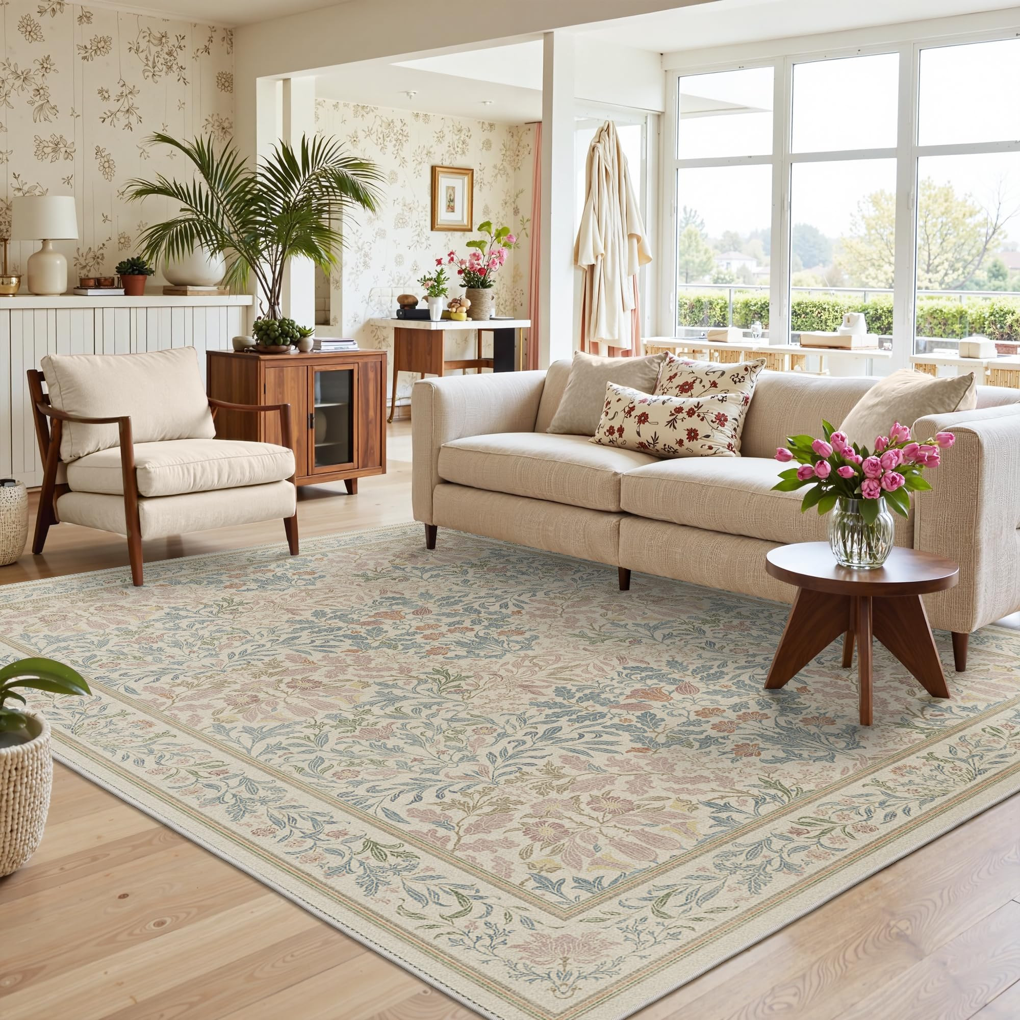 Bavni Floral Beige Pink Area Rugs 5x7, Vintage Boho Carpet Machine Washable, Non Slip Soft Low Pi... | Amazon (US)