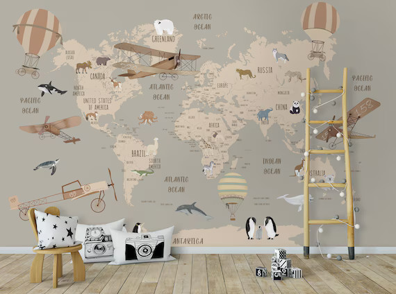Kids Map Wallpaper Political World Map Wall Mural Hot Air Balloon Animals Wall Cover Kids Room Nu... | Etsy (US)