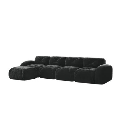 Camel Velvet Tufted Modular L-Shaped Sectional Sofa with Movable Ottoman, No Assembly Required Living Room Couch | Wayfair North America