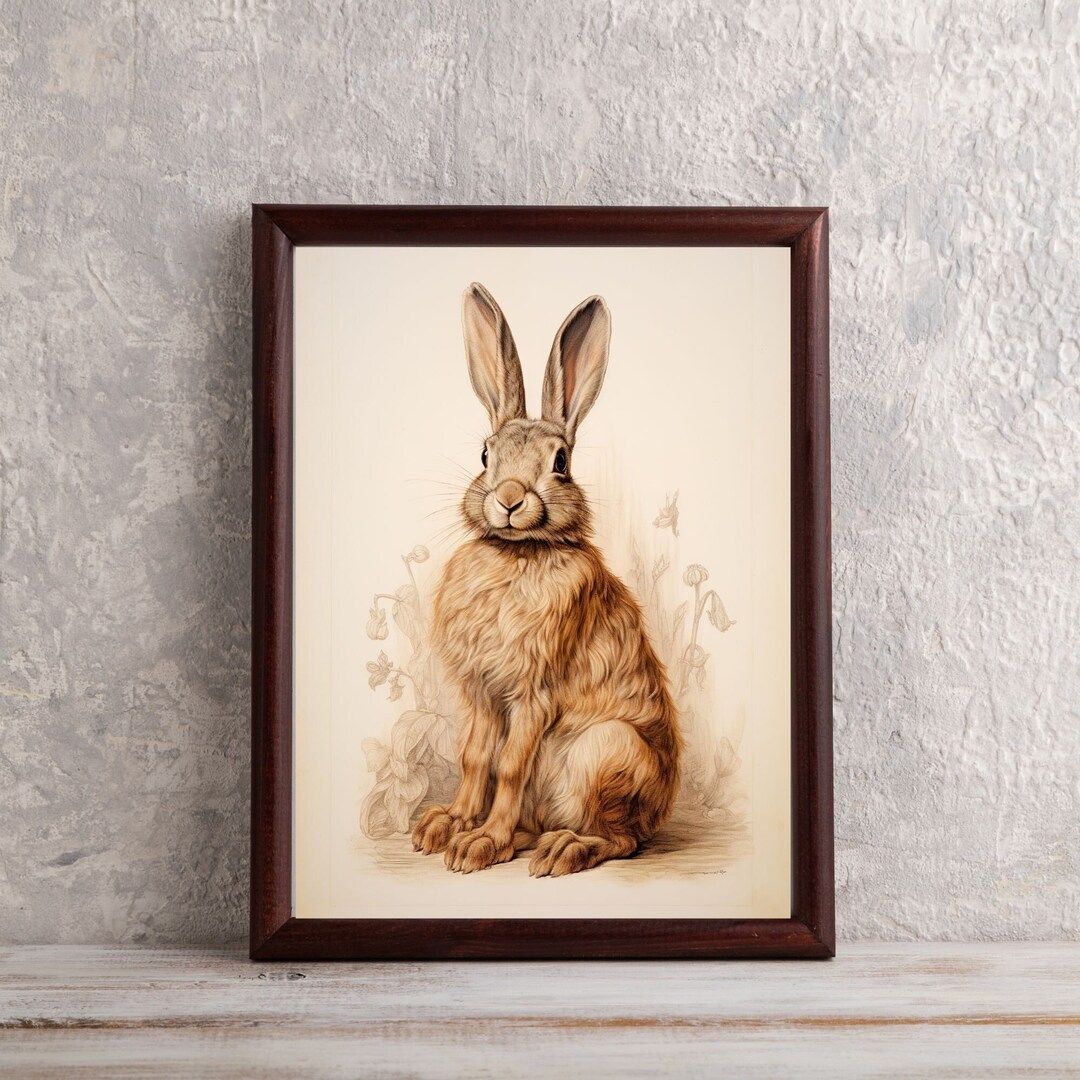 Vintage Brown Bunny Painting Floral Rabbit Portrait Animal Art Print Farmhouse Decor Nursery Wall... | Etsy (US)