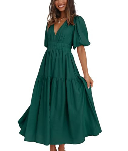 Womens Deep V Neck Puff Short Sleeve Tired Maxi Dress Boho Long Flowy Summer Dresses (Green,M) | Amazon (US)