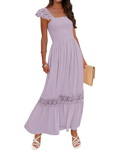 ZESICA Women's 2026 Summer Lace Strap Sleeveless Square Neck Smocked High Waist Ruffle Hollow Out Flowy A Line Maxi Dress,Light Purple,XX-Large | Amazon (US)