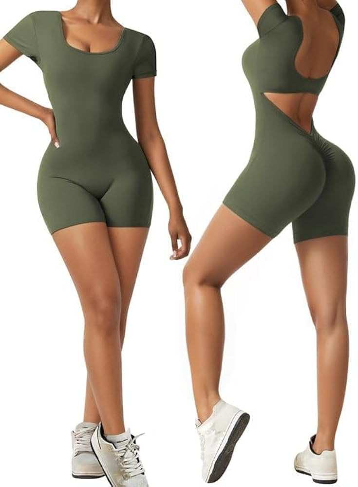 OEAK Short Sleeve Jumpsuit Workout for Women Square Neck One Piece Backless Tummy Control Bodycon... | Amazon (US)