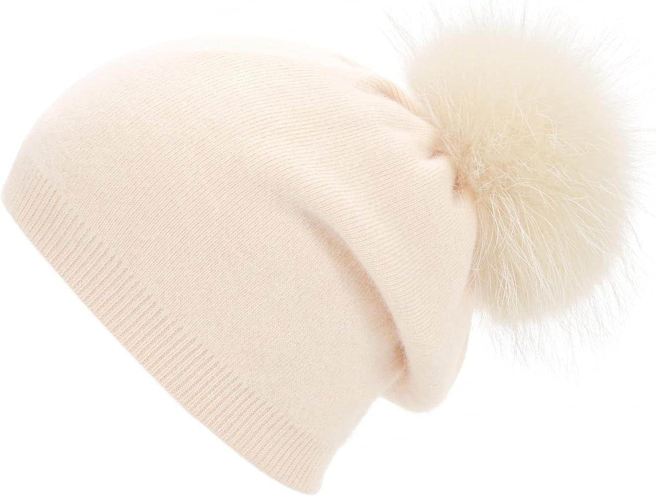 Double Layer Cashmere Slouchy Beanie - Real Fur Pom Pom Winter Knit Beanie Hat for Women Cashmere Sk | Amazon (US)