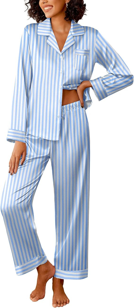 Ekouaer Womens Silk Satin Pajama Sets 2 Piece Sleepwear Pjs Set Long Sleeve Button Down Top and P... | Amazon (US)