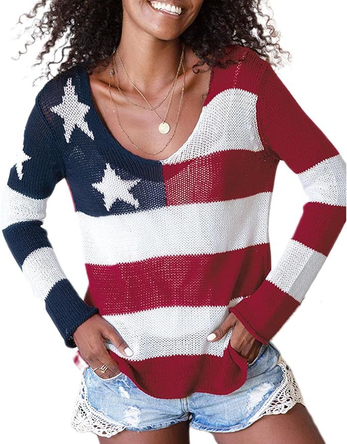 Aiwpstoin Women American Flag Sweater Loose Vintage USA Sweatshirt Long Sleeve Crewneck Hollow Ou... | Amazon (US)