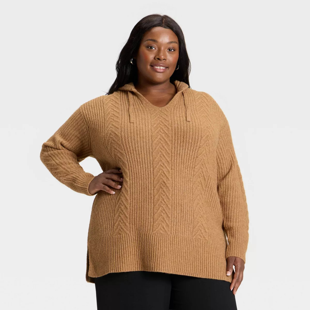 Women's Cozy Cable Hooded Tunic Sweater - Ava & Viv™ Brown 4X | Target
