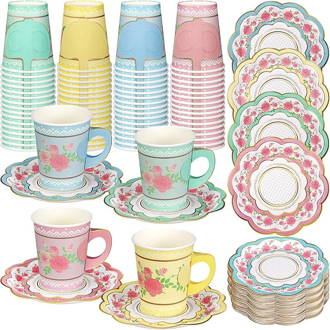 100 Sets Floral Paper Tea Cups and Saucers Disposable Paper Tea Party Supplies 9 oz Cups with Han... | Amazon (US)