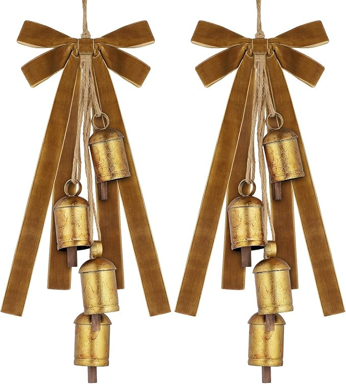 Fovths 2 Set Christmas Rustic Cow Bells with 2 Velvet Ribbons Metal Harmony Vintage Cow Bells Han... | Amazon (US)