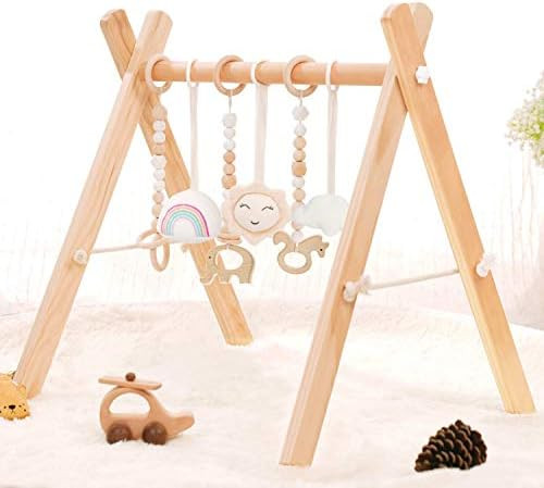 HAN-MM Wooden Baby Gym with 6 Wooden Baby Toys Foldable Baby Play Gym Frame Activity Gym Hanging ... | Amazon (US)