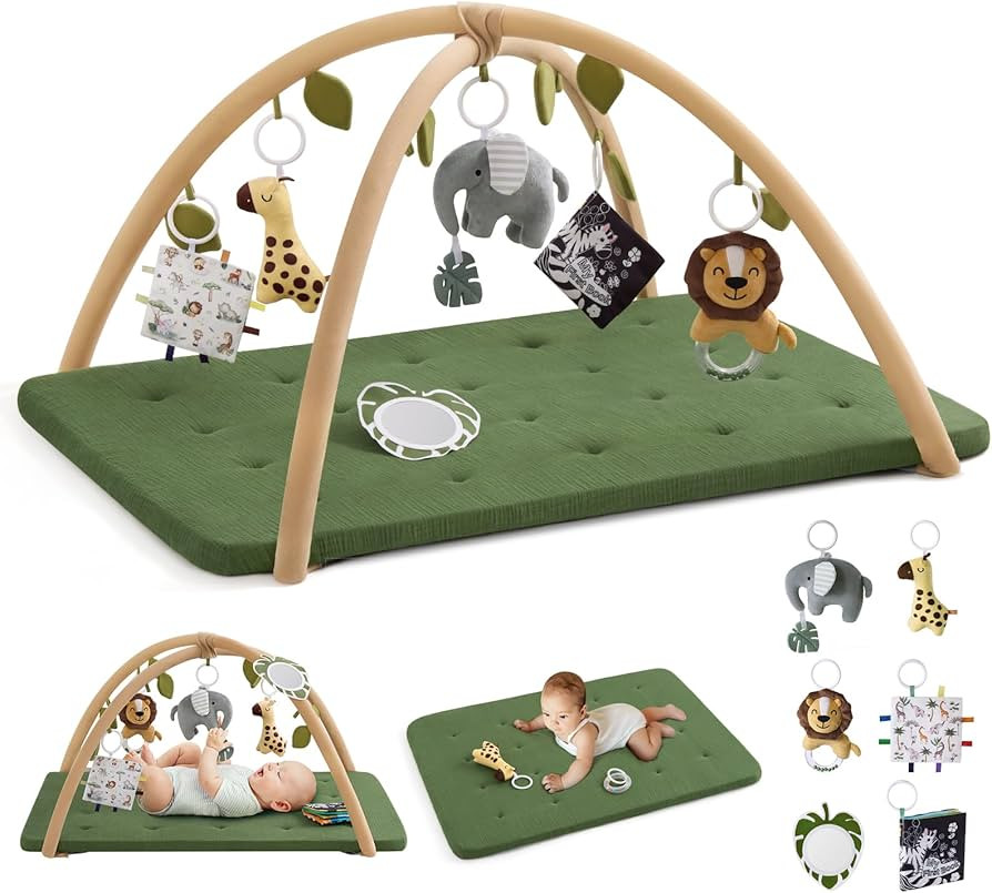 Blissful Diary Baby Play Gym Mat, Extra Thick Muslin Cotton Tummy Time Mat with 6 Sensory Toys fo... | Amazon (US)