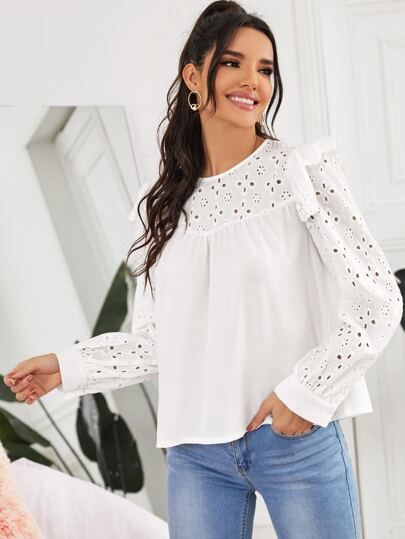 Eyelet Embroidery Keyhole Back Ruffle Trim Blouse | SHEIN