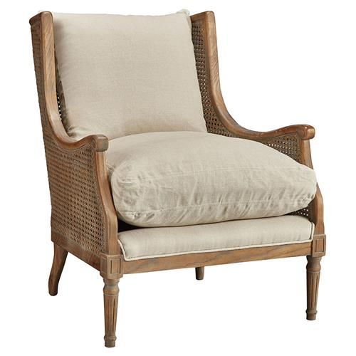 John French Country Brown Oak Wood Beige Performance Cushion Occasional Chair | Kathy Kuo Home