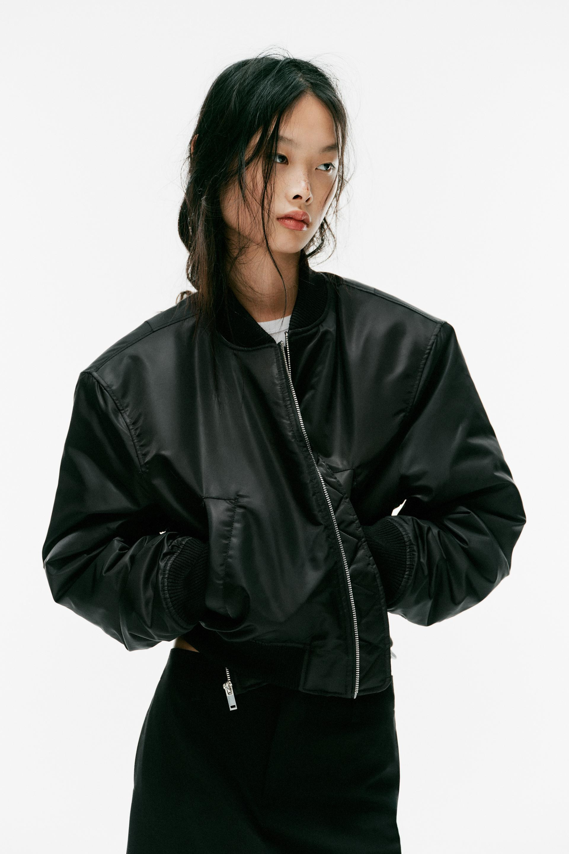 Zara - Cropped Bomber Jacket With Shoulder Pads - Black - M - Woman | Zara US